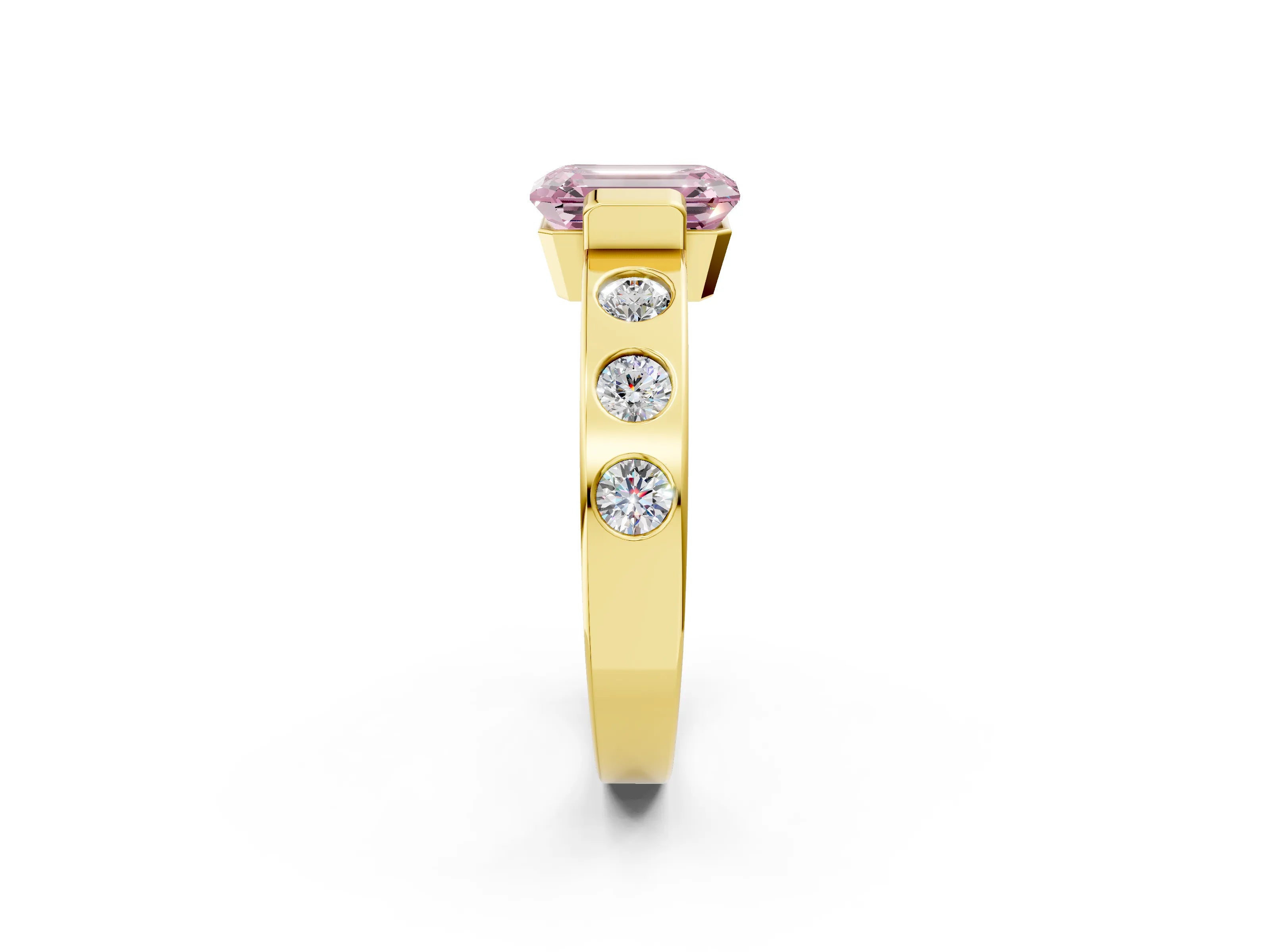 Yellow gold Fancy Pink Emerald Cut Brilliant Channel-Set Diamond Ring with Bezel Prong Setting_2
