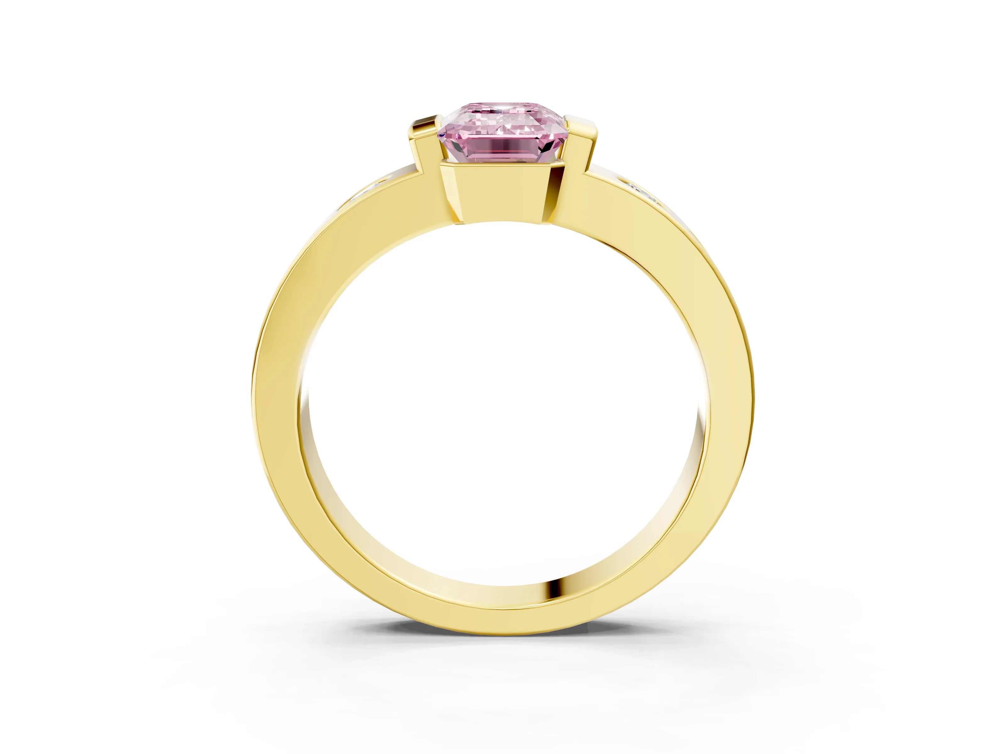 Yellow gold Fancy Pink Emerald Cut Brilliant Channel-Set Diamond Ring with Bezel Prong Setting_3
