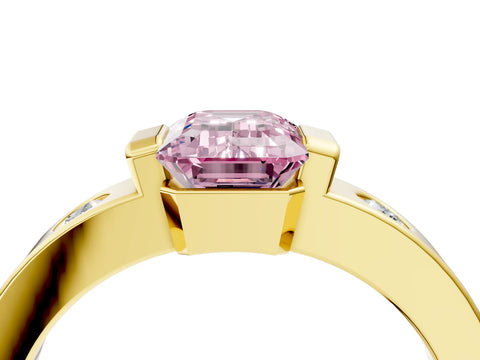 Yellow gold Fancy Pink Emerald Cut Brilliant Channel-Set Diamond Ring with Bezel Prong Setting_4