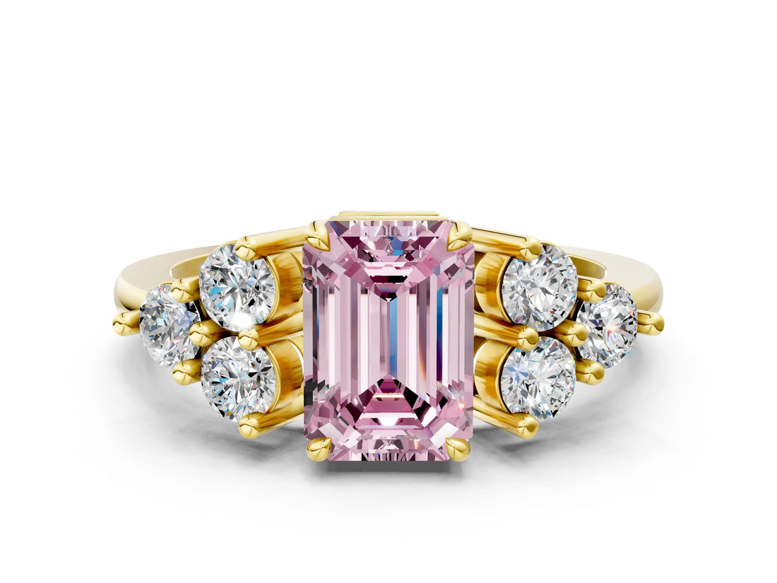 Yellow gold Fancy Pink Emerald Cut Brilliant Diamond Cluster Accent Solitaire Ring with Prong Setting
