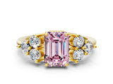 Yellow gold Fancy Pink Emerald Cut Brilliant Diamond Cluster Accent Solitaire Ring with Prong Setting