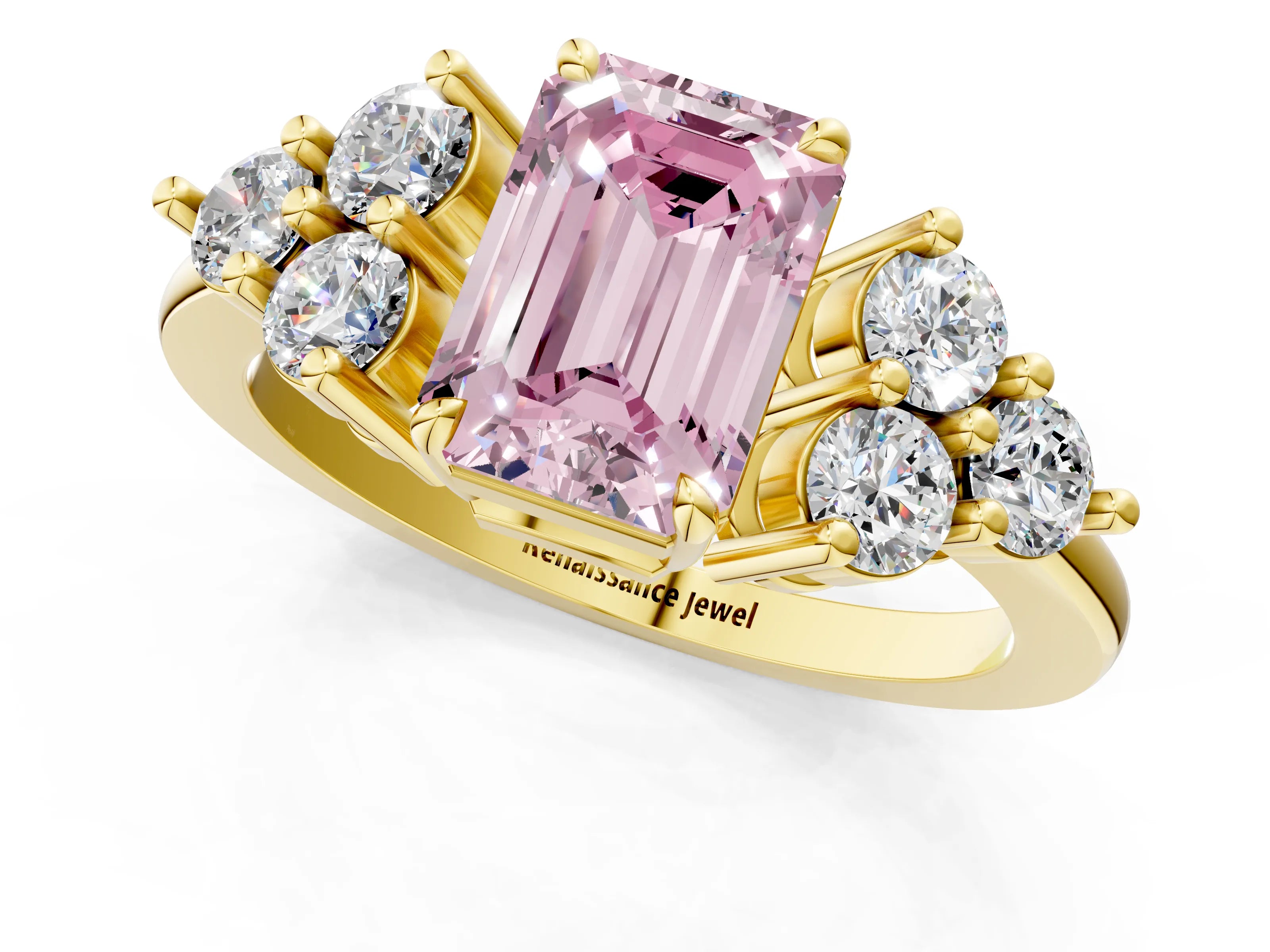 Yellow gold Fancy Pink Emerald Cut Brilliant Diamond Cluster Accent Solitaire Ring with Prong Setting_1