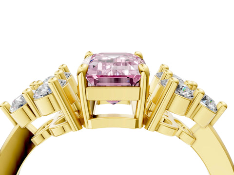 Yellow gold Fancy Pink Emerald Cut Brilliant Diamond Cluster Accent Solitaire Ring with Prong Setting_4
