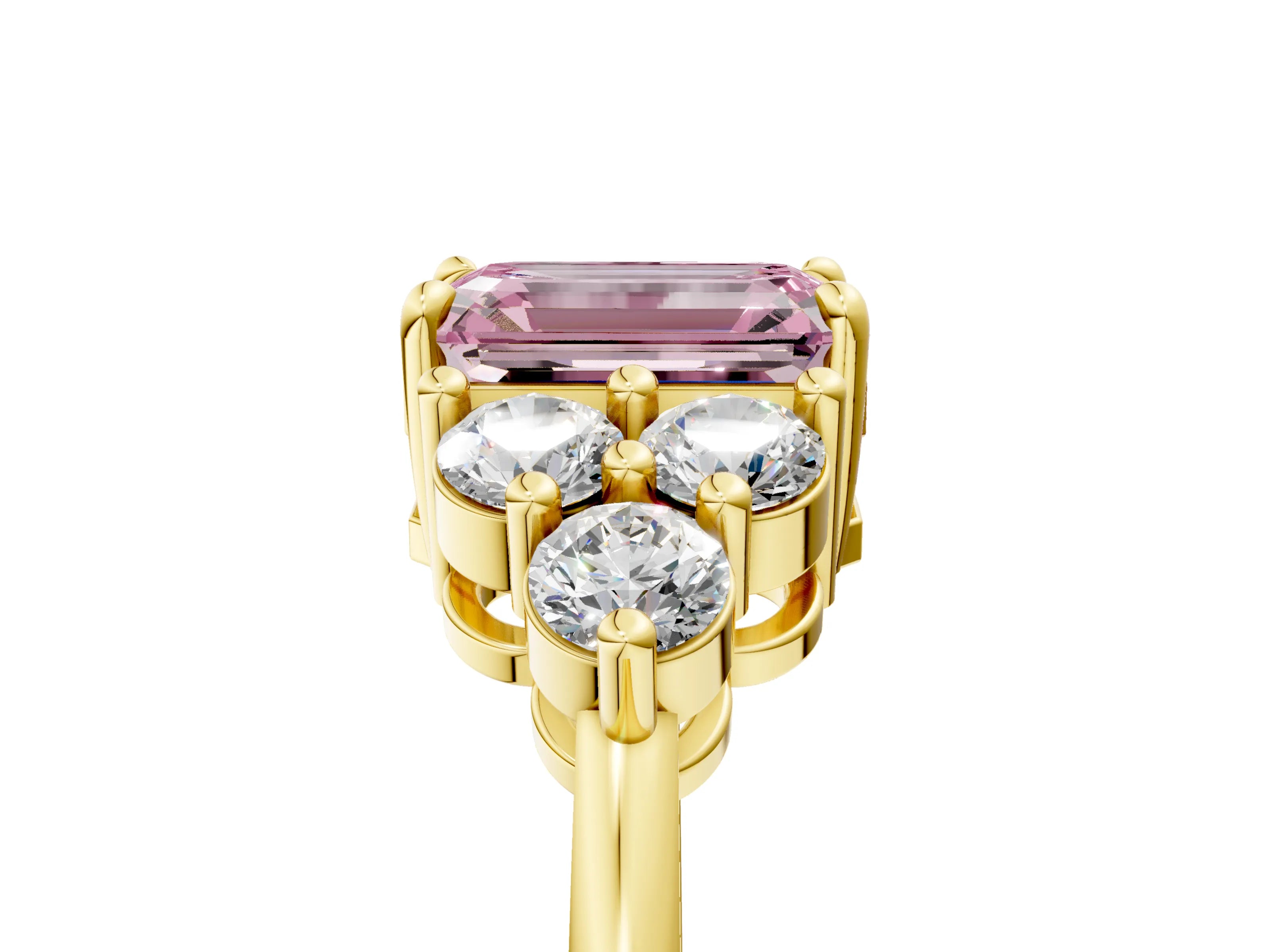 Yellow gold Fancy Pink Emerald Cut Brilliant Diamond Cluster Accent Solitaire Ring with Prong Setting_5