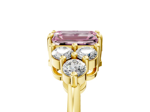 Yellow gold Fancy Pink Emerald Cut Brilliant Diamond Cluster Accent Solitaire Ring with Prong Setting_5