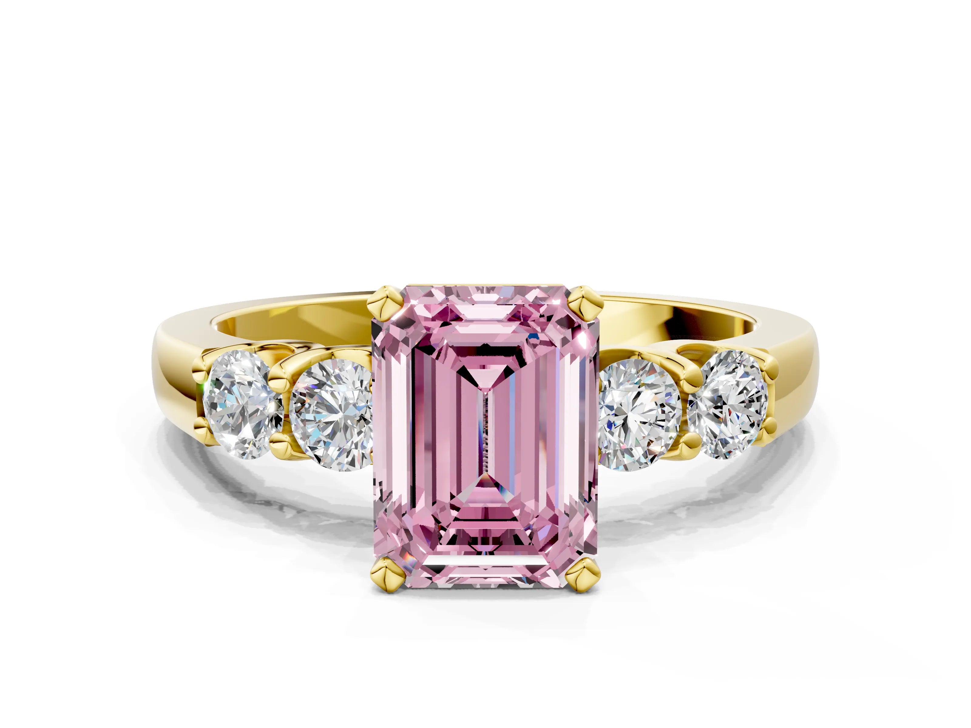 Yellow gold Fancy Pink Emerald Cut Brilliant Diamond Five-Stone Engagement Ring with Prong Setting on a Classic Band_3