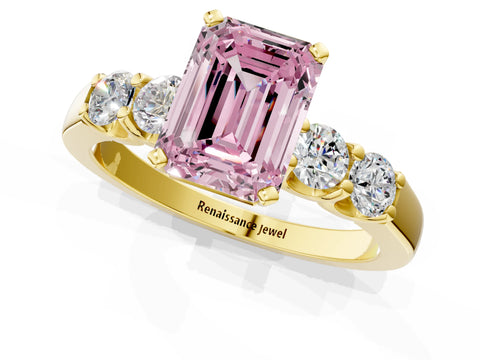 Yellow gold Fancy Pink Emerald Cut Brilliant Diamond Five-Stone Engagement Ring with Prong Setting on a Classic Band_4