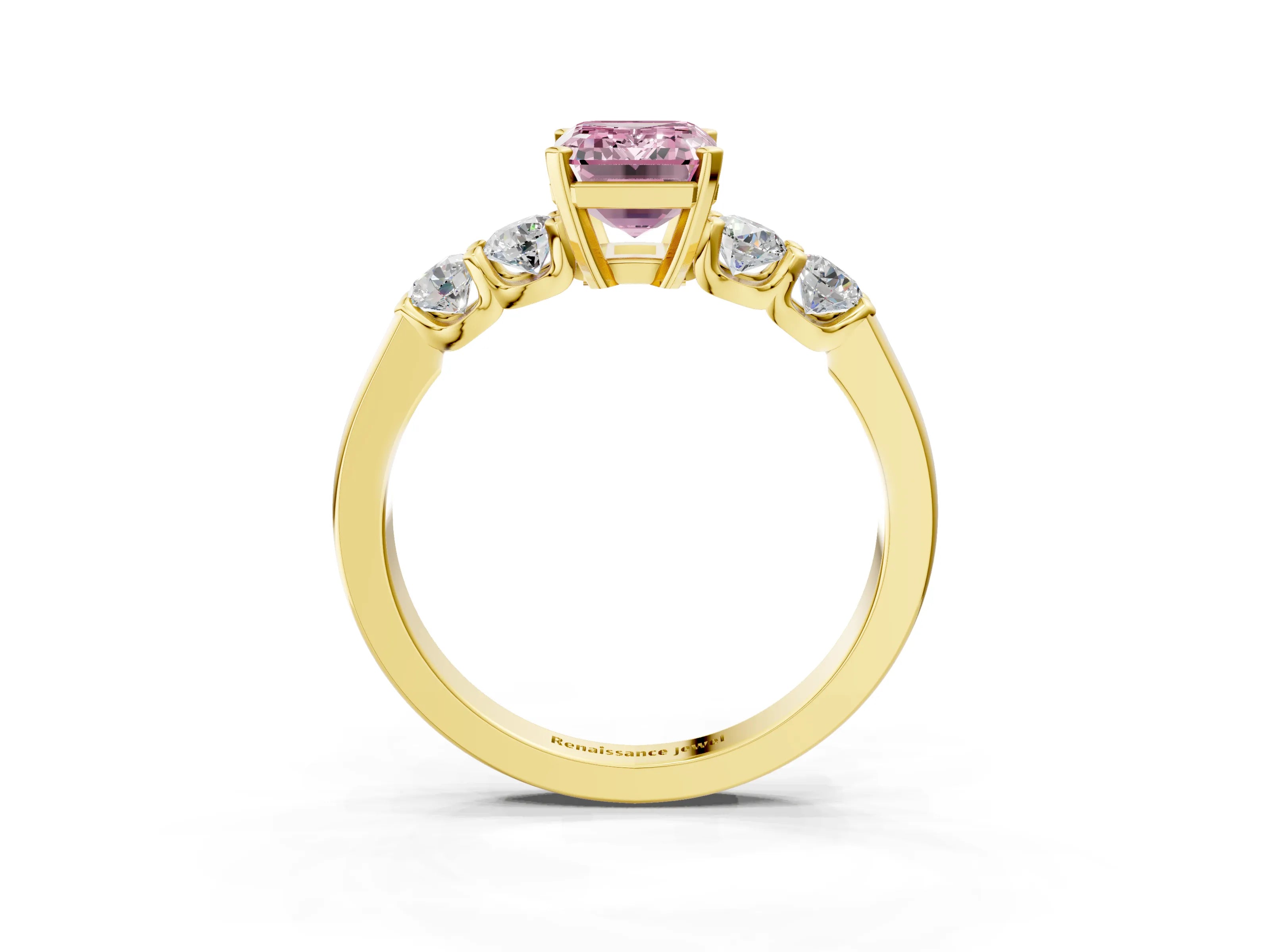 Yellow gold Fancy Pink Emerald Cut Brilliant Diamond Five-Stone Engagement Ring with Prong Setting on a Classic Band_6