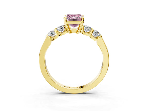 Yellow gold Fancy Pink Emerald Cut Brilliant Diamond Five-Stone Engagement Ring with Prong Setting on a Classic Band