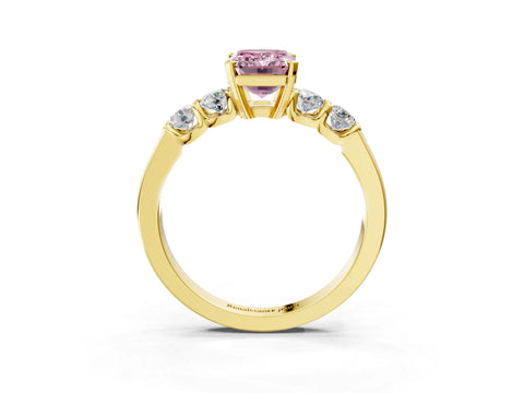 Yellow gold Fancy Pink Emerald Cut Brilliant Diamond Five-Stone Engagement Ring with Prong Setting on a Classic Band_6