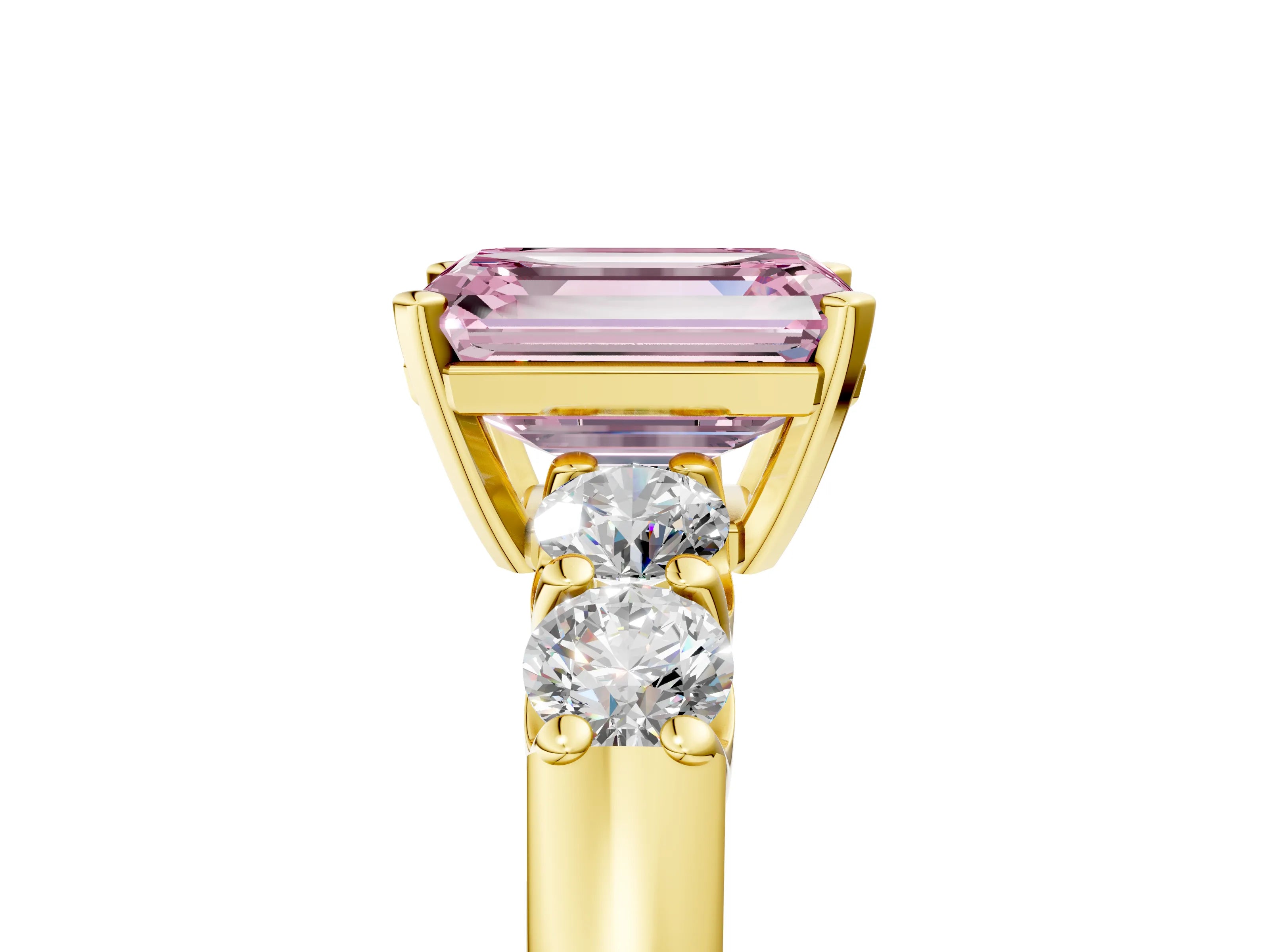 Yellow gold Fancy Pink Emerald Cut Brilliant Diamond Five-Stone Engagement Ring with Prong Setting on a Classic Band_8
