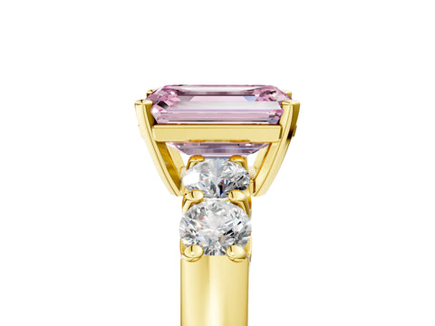 Yellow gold Fancy Pink Emerald Cut Brilliant Diamond Five-Stone Engagement Ring with Prong Setting on a Classic Band_8