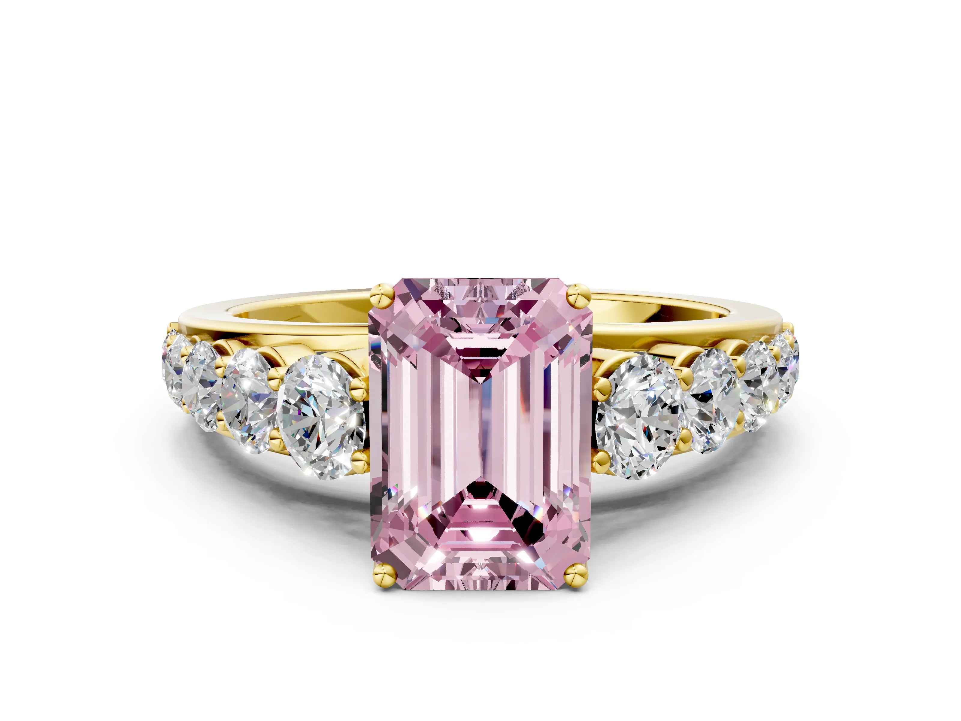 Yellow gold Fancy Pink Emerald Cut Brilliant Diamond Pavé Band with Six-Prong Setting