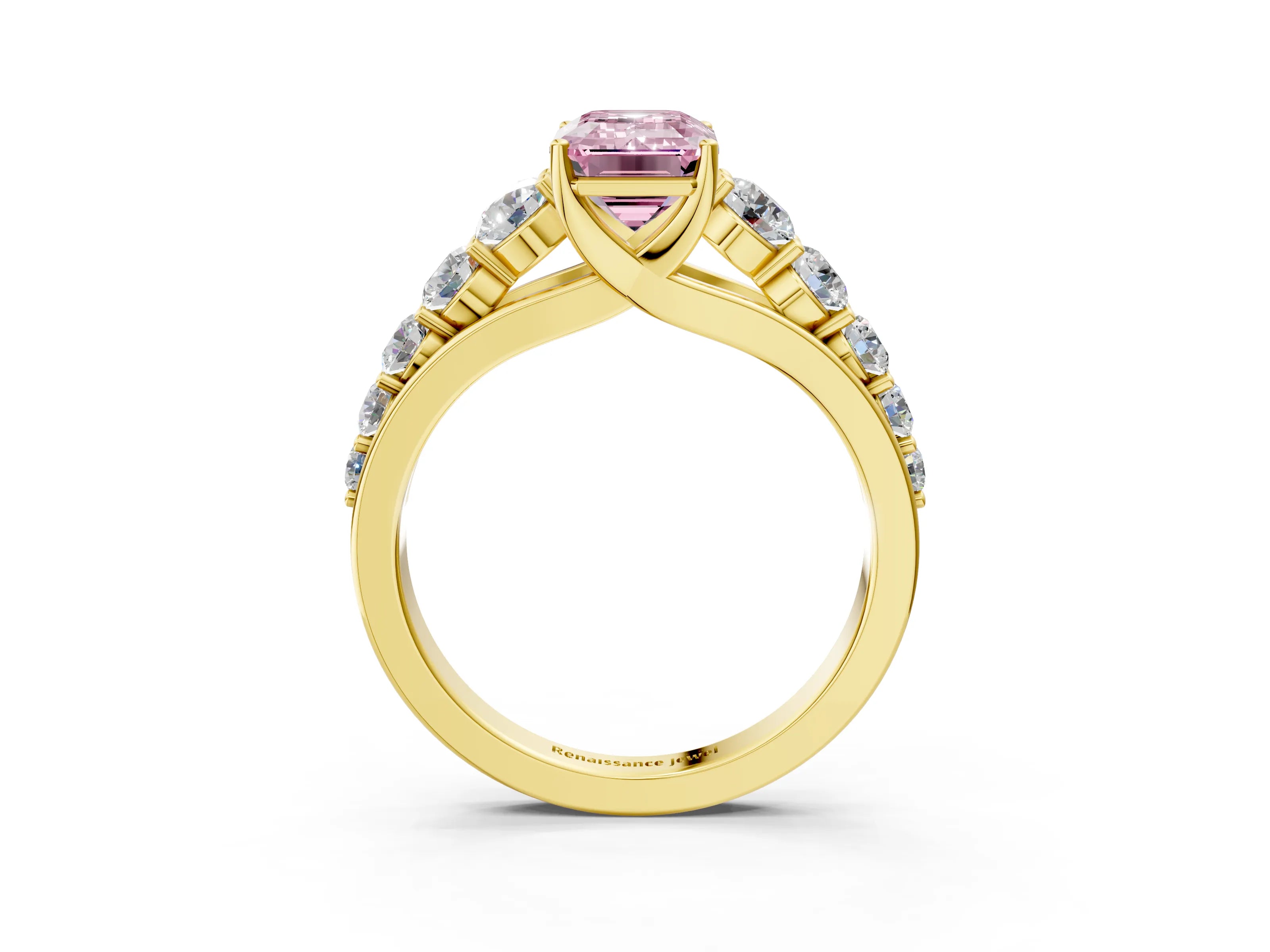 Yellow gold Fancy Pink Emerald Cut Brilliant Diamond Pavé Band with Six-Prong Setting_3