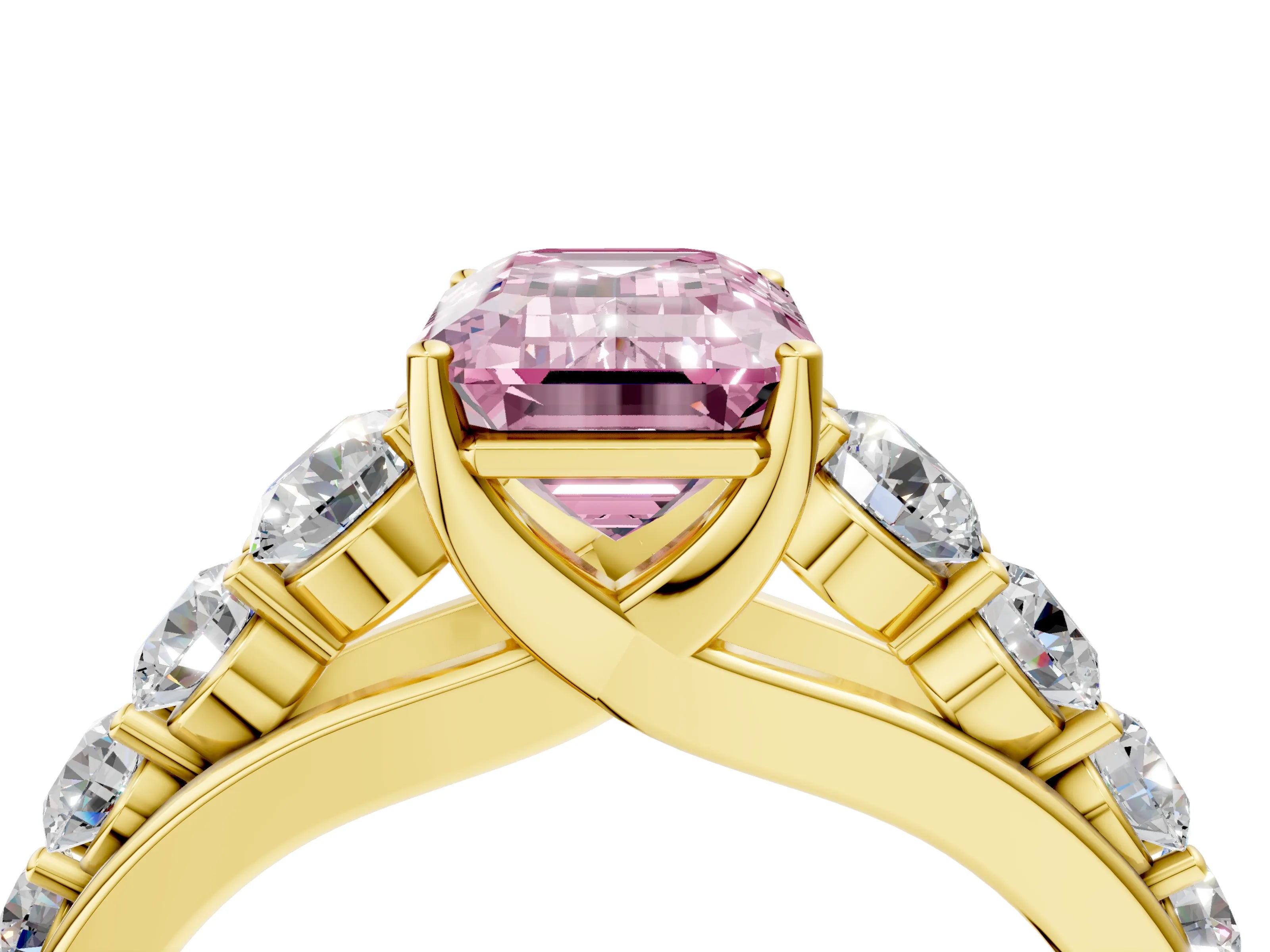 Yellow gold Fancy Pink Emerald Cut Brilliant Diamond Pavé Band with Six-Prong Setting_4