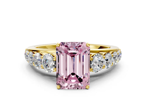 Yellow gold Fancy Pink Emerald Cut Brilliant Diamond Pavé Band with Six-Prong Setting