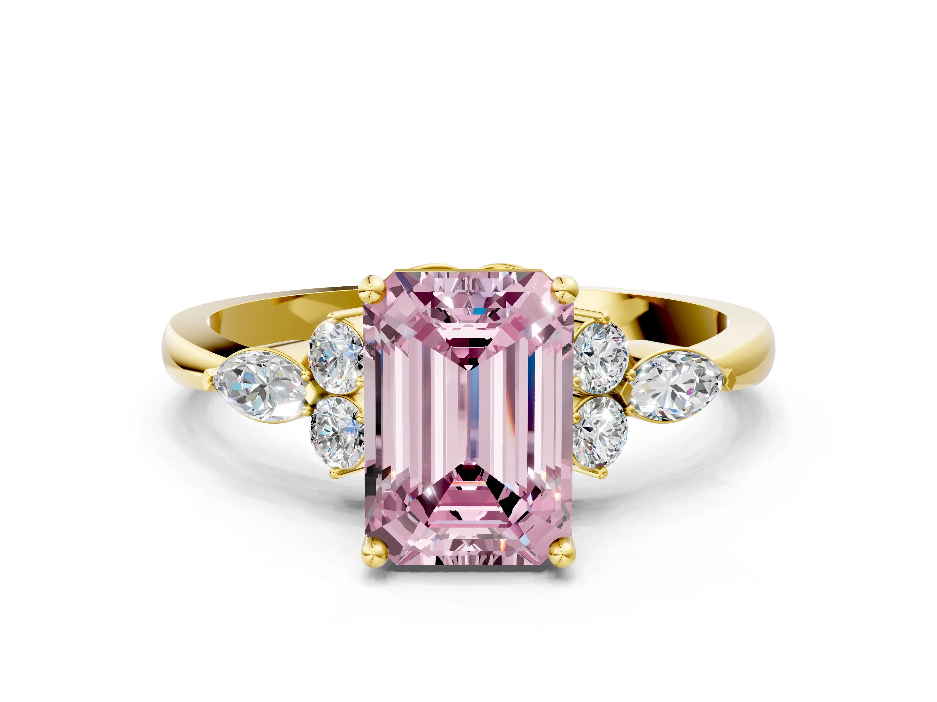 Yellow gold Fancy Pink Emerald Cut Brilliant Diamond Solitaire Ring with Pear Side Stones and Four-Prong Setting_3