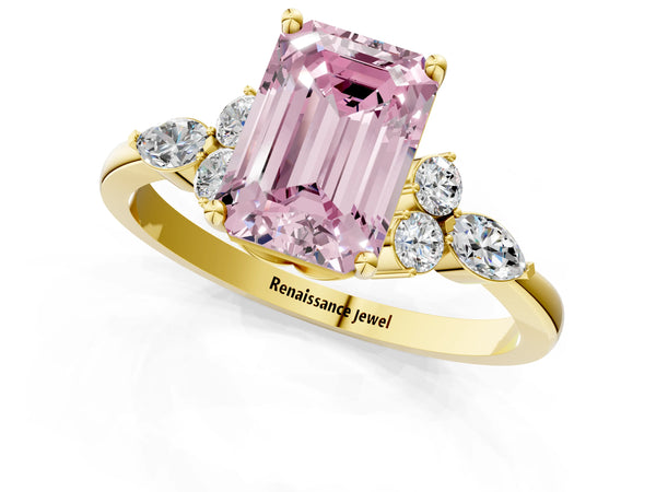 Yellow gold Fancy Pink Emerald Cut Brilliant Diamond Solitaire Ring with Pear Side Stones and Four-Prong Setting