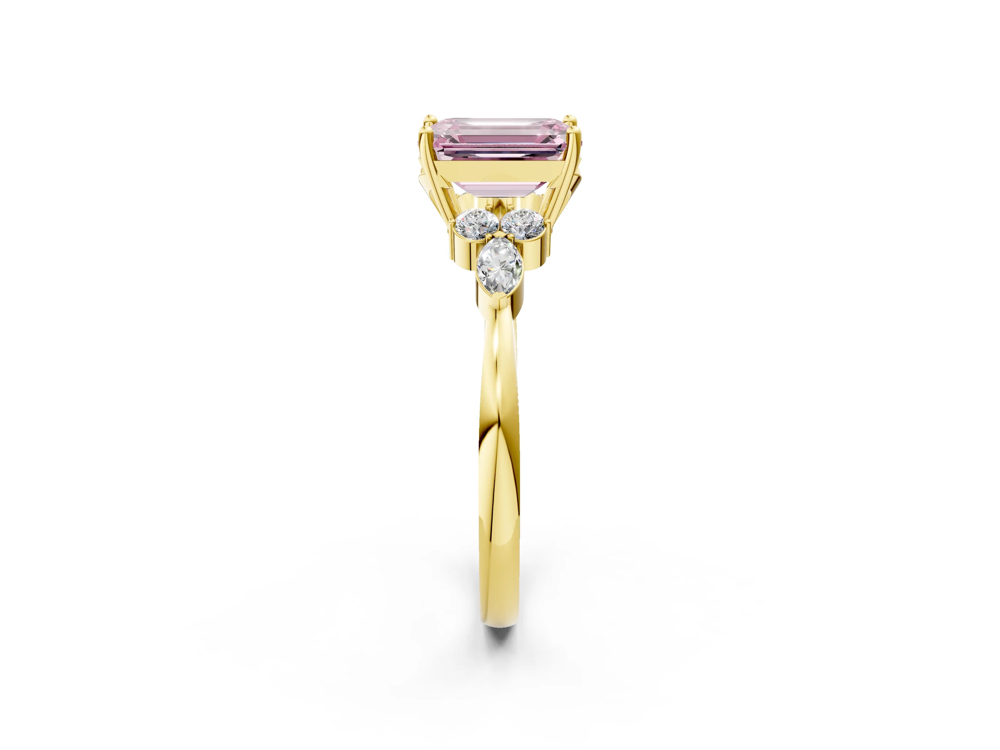 Yellow gold Fancy Pink Emerald Cut Brilliant Diamond Solitaire Ring with Pear Side Stones and Four-Prong Setting_5