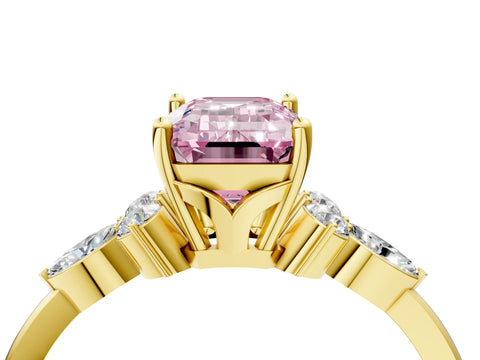 Yellow gold Fancy Pink Emerald Cut Brilliant Diamond Solitaire Ring with Pear Side Stones and Four-Prong Setting_7