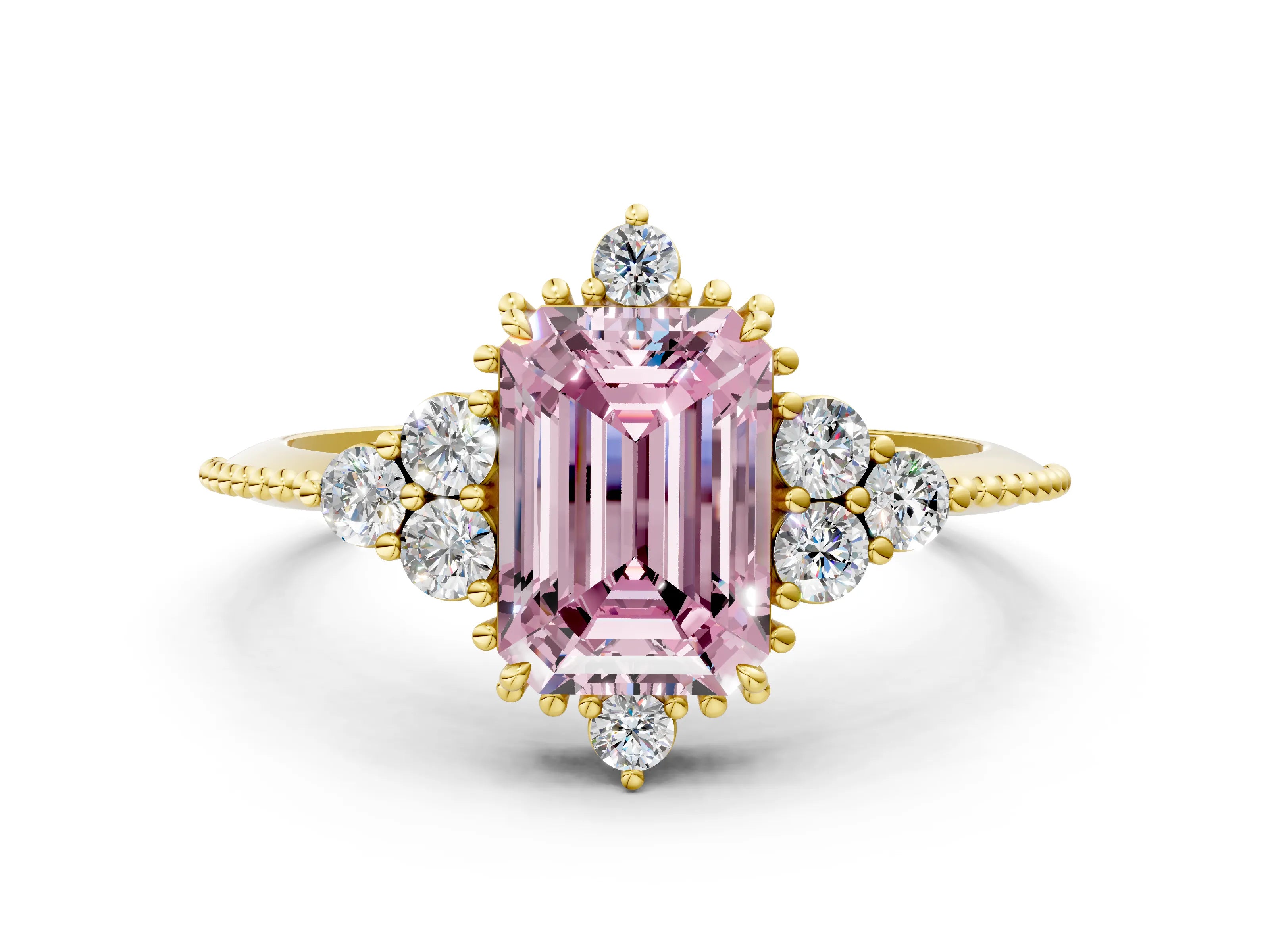 Yellow gold Fancy Pink Emerald Cut Brilliant Diamond with Cluster Setting on a Beaded Band and Four-Prong Setting