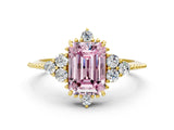 Yellow gold Fancy Pink Emerald Cut Brilliant Diamond with Cluster Setting on a Beaded Band and Four-Prong Setting
