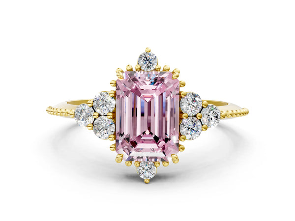 Yellow Gold Emerald Cut Beaded Cluster Engagement Ring Setting for Fancy Pink Center