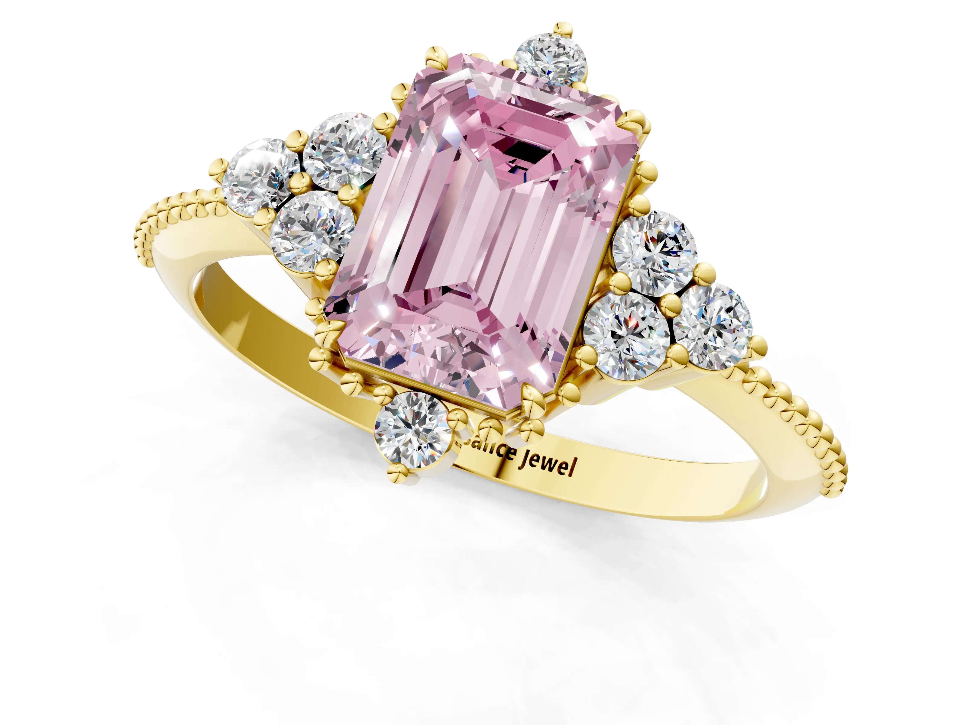Yellow gold Fancy Pink Emerald Cut Brilliant Diamond with Cluster Setting on a Beaded Band and Four-Prong Setting_1