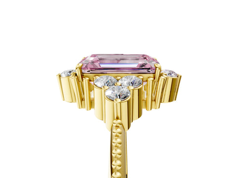 Yellow gold Fancy Pink Emerald Cut Brilliant Diamond with Cluster Setting on a Beaded Band and Four-Prong Setting_5