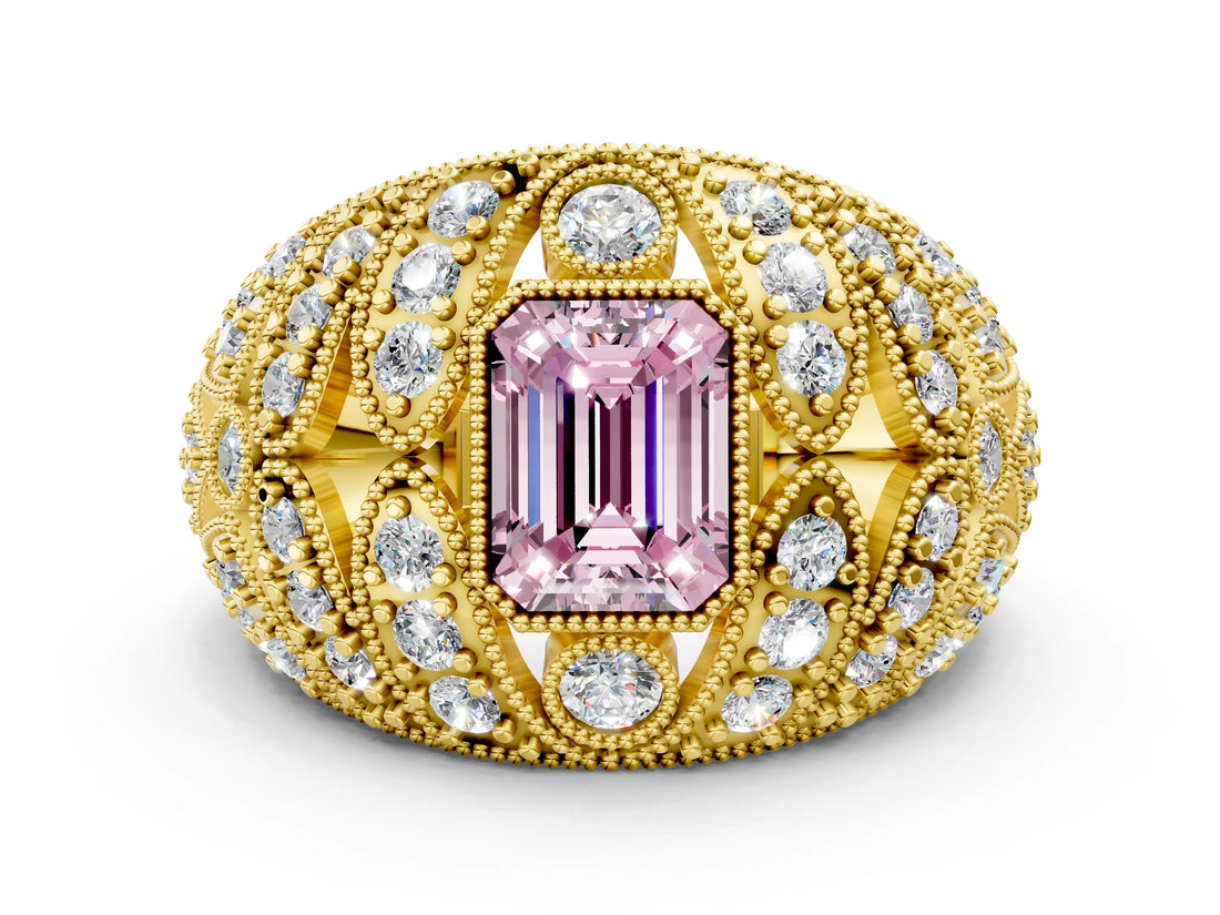 Yellow gold Fancy Pink Emerald Cut Brilliant Halo Pave Diamond Milgrain Ring