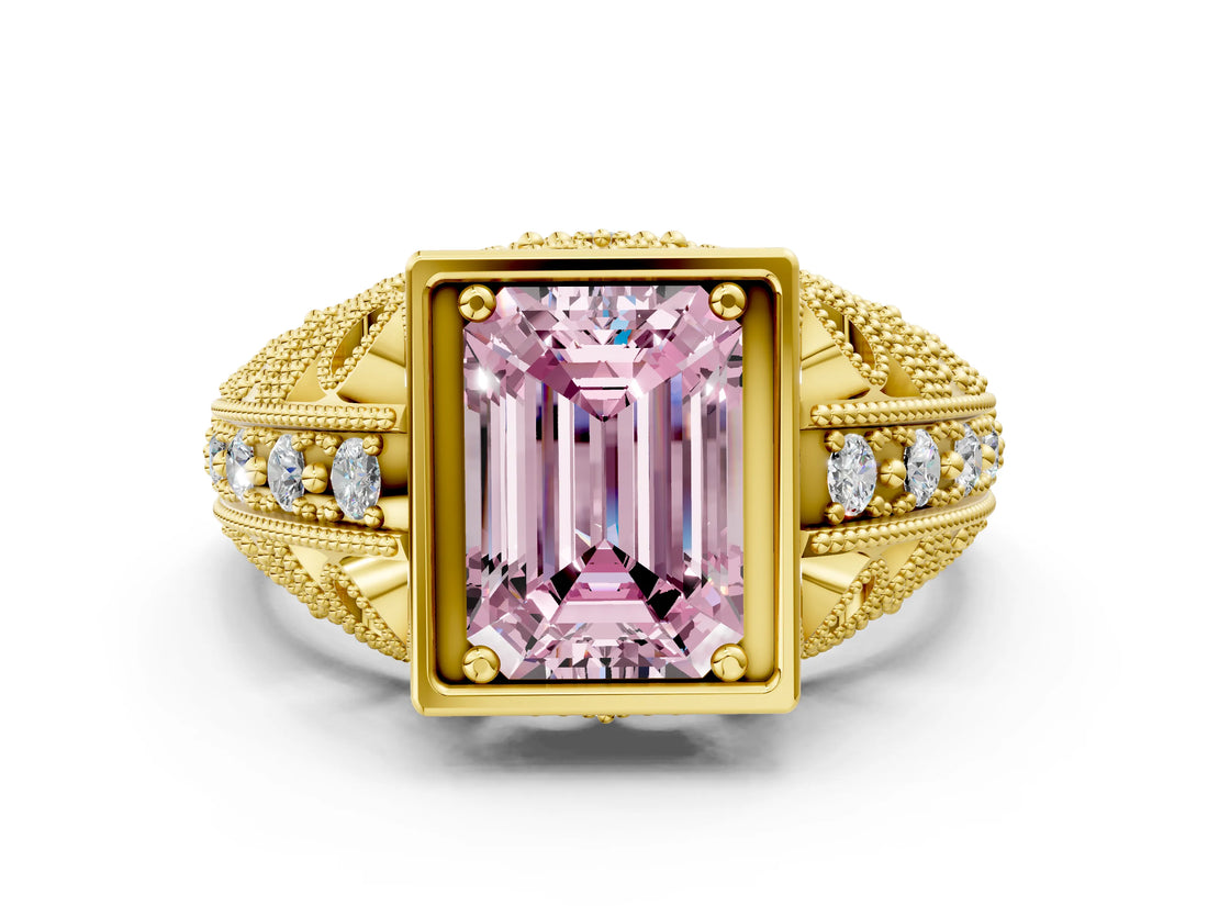 Yellow gold Fancy Pink Emerald Cut Brilliant Milgrain Filigree Diamond Ring with Square Prong Setting