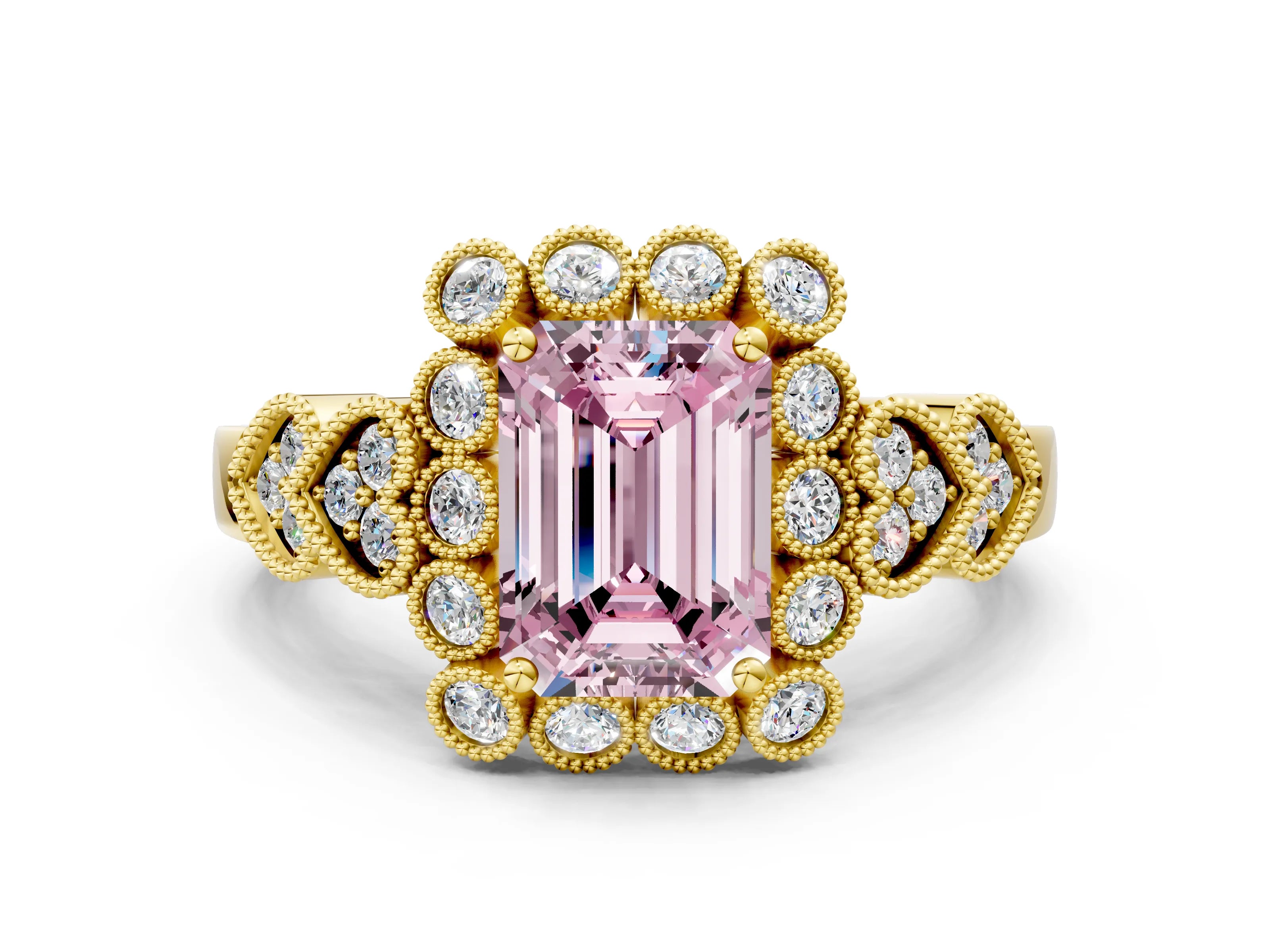 Yellow gold Fancy Pink Emerald Cut Brilliant Milgrain Pave Heart Band Solitaire Ring