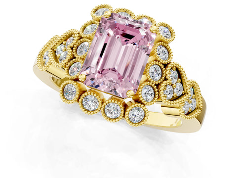 Yellow gold Fancy Pink Emerald Cut Brilliant Milgrain Pave Heart Band Solitaire Ring_1