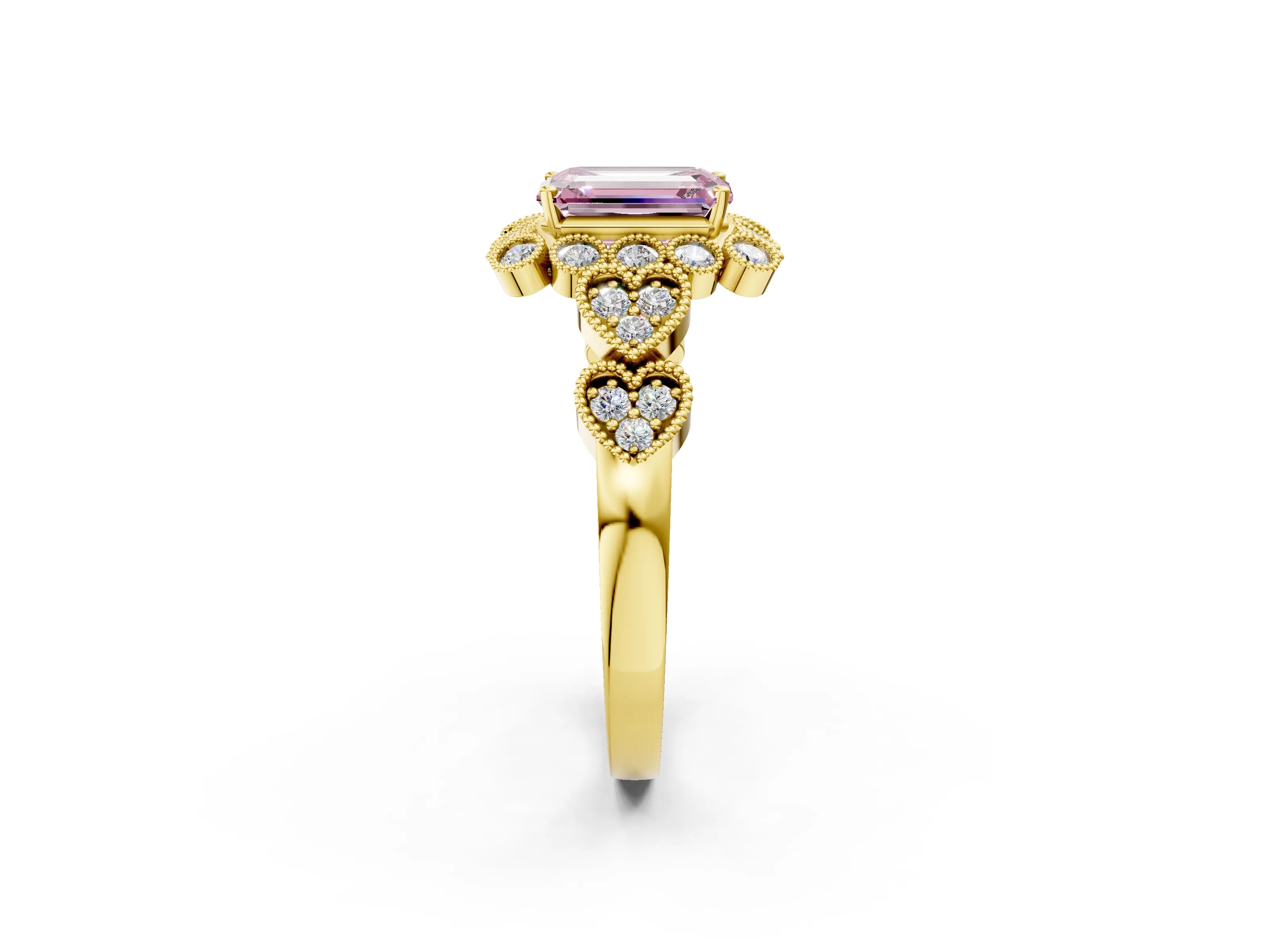 Yellow gold Fancy Pink Emerald Cut Brilliant Milgrain Pave Heart Band Solitaire Ring_2