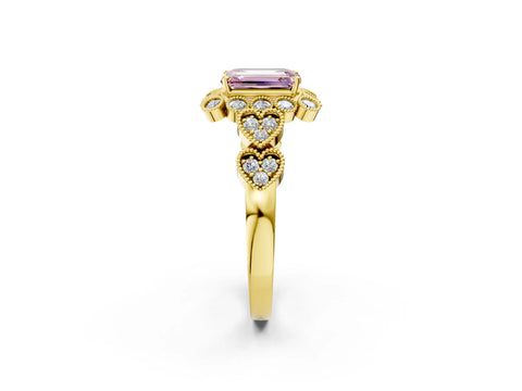Yellow gold Fancy Pink Emerald Cut Brilliant Milgrain Pave Heart Band Solitaire Ring_2