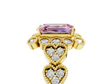 Yellow gold Fancy Pink Emerald Cut Brilliant Milgrain Pave Heart Band Solitaire Ring_5