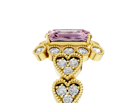 Yellow gold Fancy Pink Emerald Cut Brilliant Milgrain Pave Heart Band Solitaire Ring_5