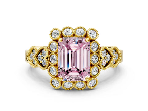Yellow gold Fancy Pink Emerald Cut Brilliant Milgrain Pave Heart Band Solitaire Ring