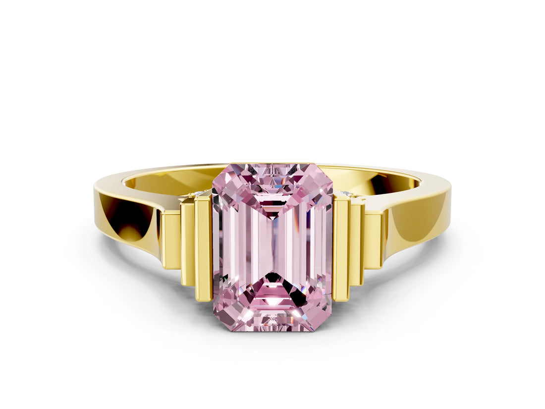 Yellow gold Fancy Pink Emerald Cut Brilliant Solitaire Diamond Ring with Channel Set Band and Bar Prong Setting