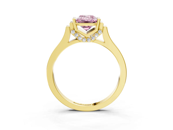 Yellow gold Fancy Pink Emerald Cut Brilliant Solitaire Diamond Ring with Channel Set Band and Bar Prong Setting