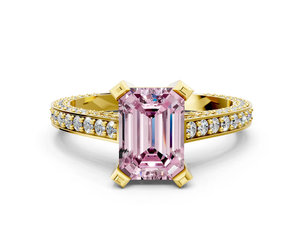 Yellow gold Fancy Pink Emerald Cut Brilliant Split Shank Pave Solitaire Ring with Four-Prong Setting