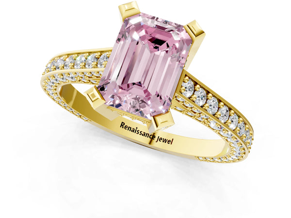 Yellow gold Fancy Pink Emerald Cut Brilliant Split Shank Pave Solitaire Ring with Four-Prong Setting