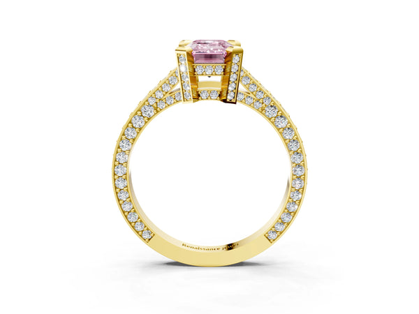 Yellow gold Fancy Pink Emerald Cut Brilliant Split Shank Pave Solitaire Ring with Four-Prong Setting