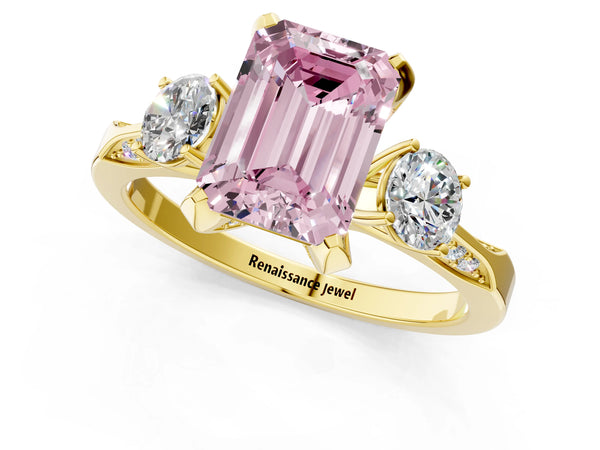 Yellow Gold Emerald Cut Three Stone Hidden Halo Engagement Ring Setting for Fancy Pink Center
