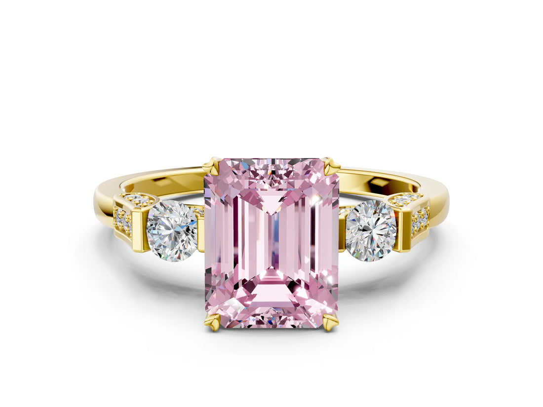 Yellow gold Fancy Pink Emerald Cut Brilliant Three-Stone Pave Band with Four-Prong Setting