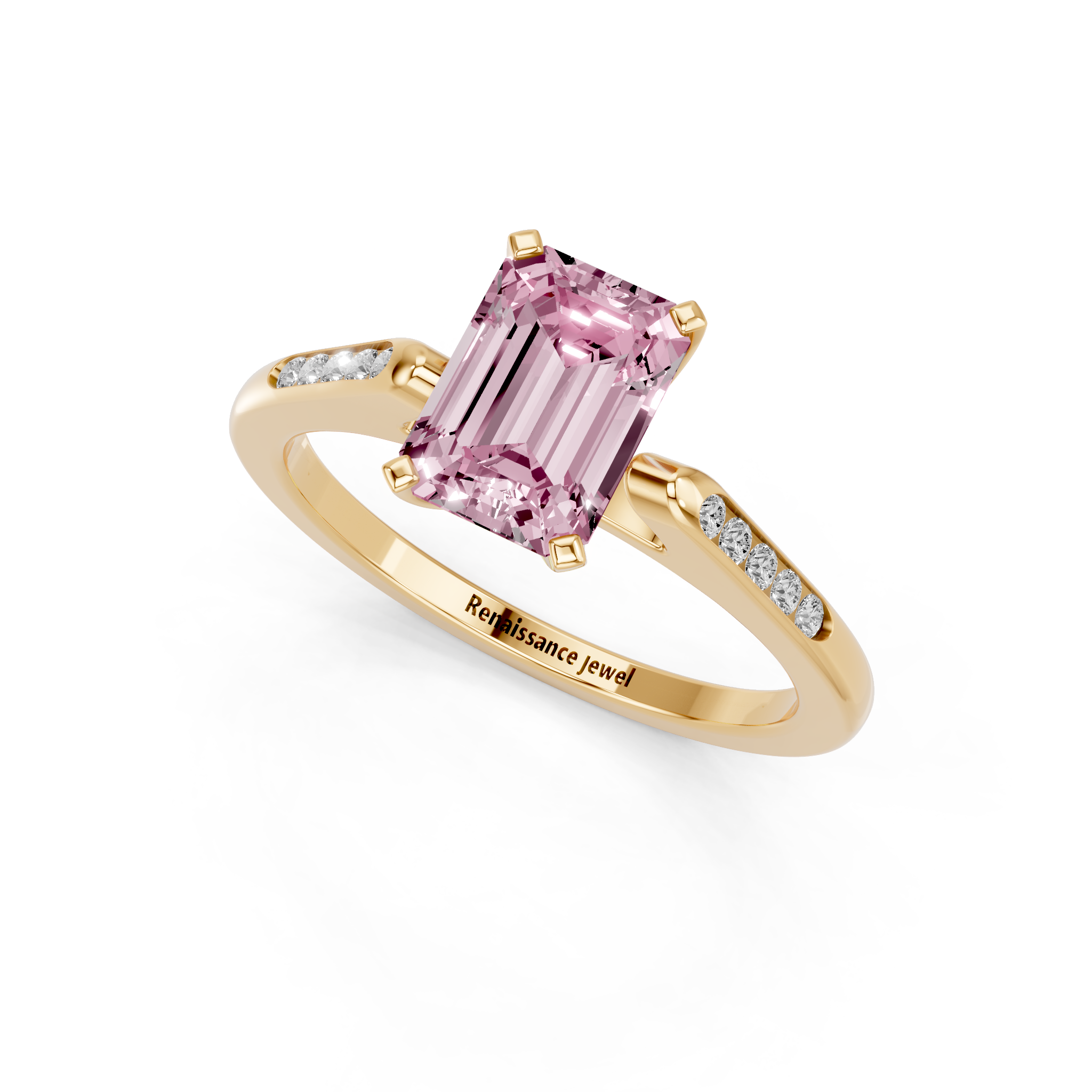 Yellow gold Fancy Pink Emerald  Cut Channel Set Solitaire Engagement Ring with Four-Prong Setting_13