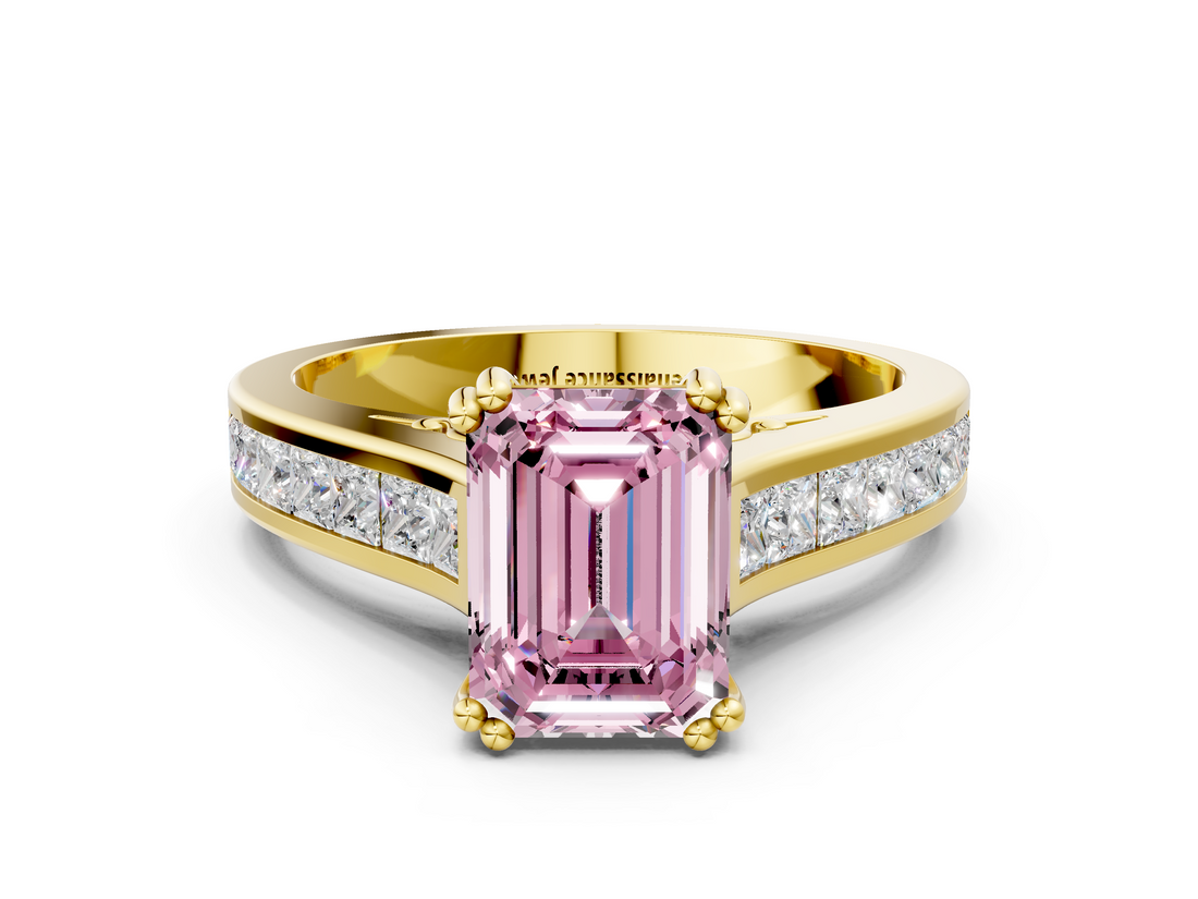 Yellow gold Fancy Pink Emerald  Cut Channel Set Solitaire Engagement Ring with Prong Setting_20