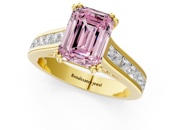 Yellow gold Fancy Pink Emerald  Cut Channel Set Solitaire Engagement Ring with Prong Setting