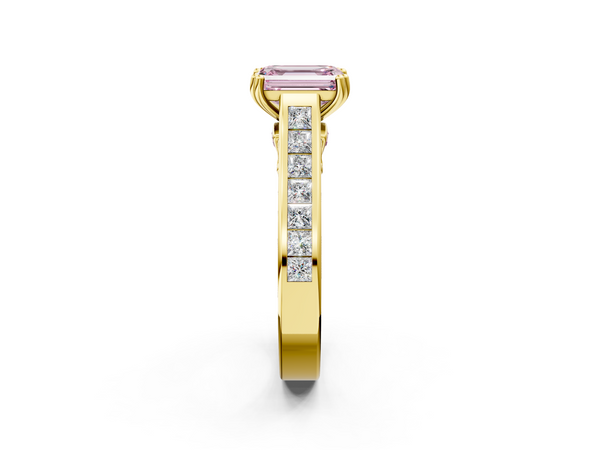 Yellow gold Fancy Pink Emerald  Cut Channel Set Solitaire Engagement Ring with Prong Setting