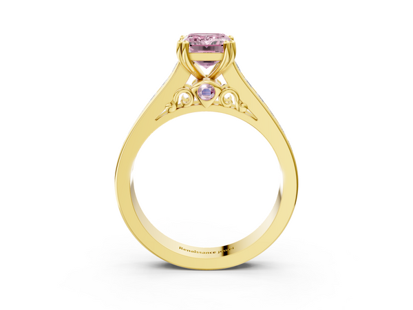 Yellow gold Fancy Pink Emerald  Cut Channel Set Solitaire Engagement Ring with Prong Setting